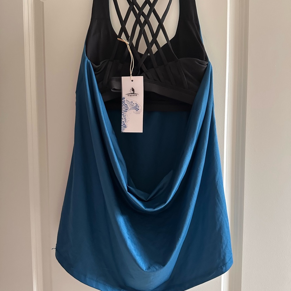Blue Athletic Tank Top with Black  Built in Bra